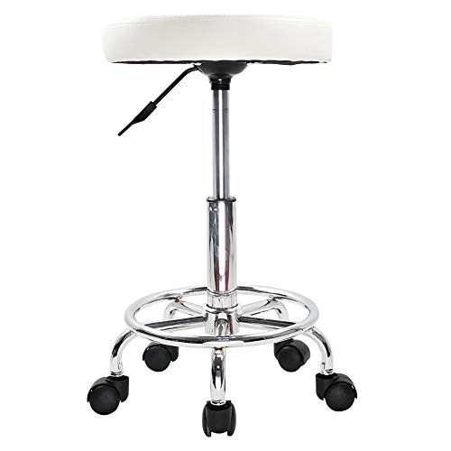 Taburete con ruedas KKTONER, altura ajustable, giratorio, taburete de bar, taburete de trabajo, taburete de oficina de piel sintética, blanco