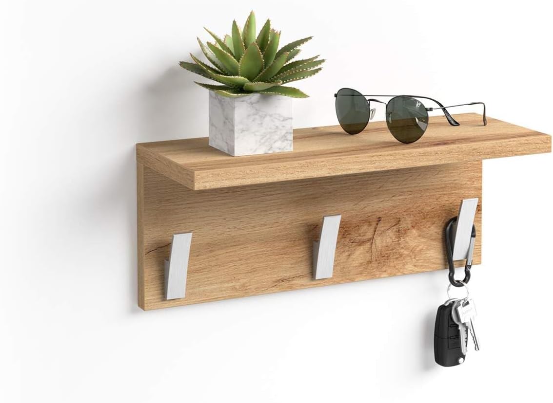 Fiver Furniture, Perchero de pared Rachele, 40 cm, Roble rústico, Perchero moderno para baño, dormitorio o recibidor, Fabricado en Italia