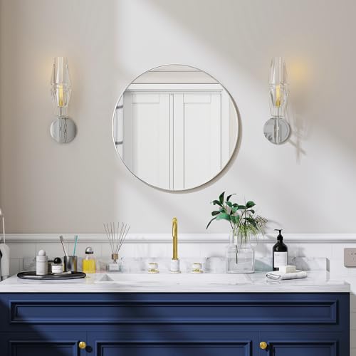 Espejo de pared redondo Koonmi de 50 cm, plateado, con marco de metal cepillado. Ideal para baño, tocador, sala de estar, dormitorio o entrada.