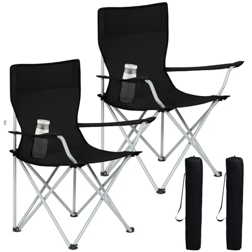 Silla de camping plegable AMHANCIBLE, juego de 2, silla de pesca plegable con portavasos, reposabrazos y bolsa de transporte, ligera, soporta hasta 120 kg, color negro OCC01BK