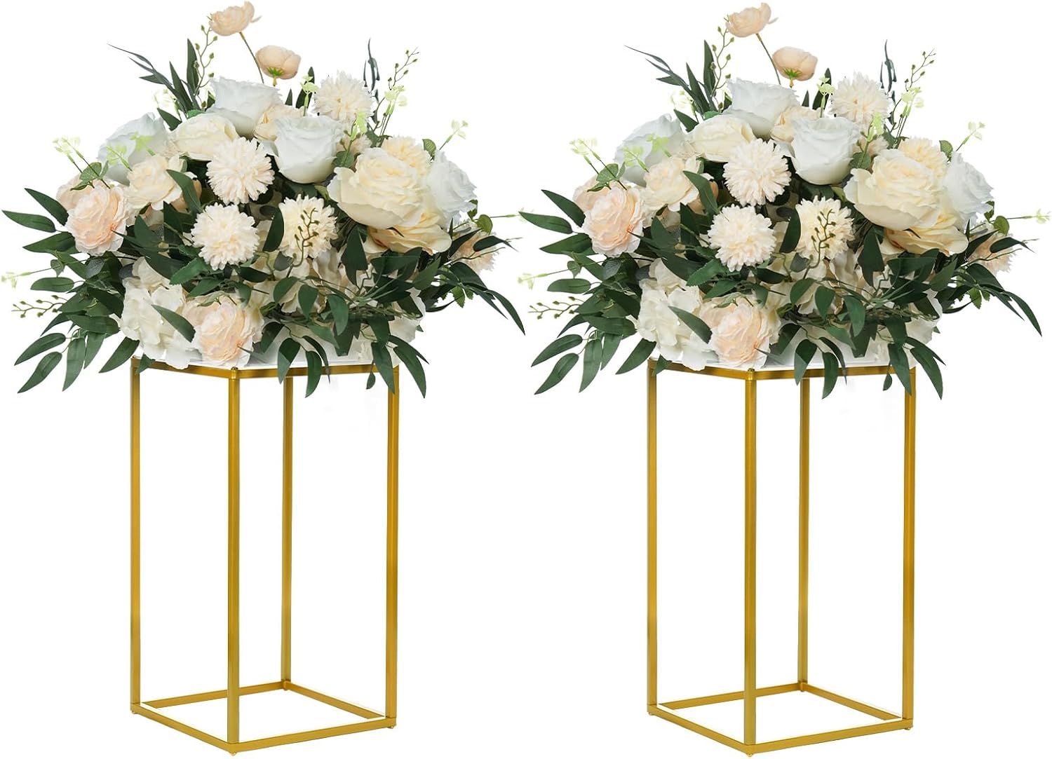 YALLOVE - Juego de 2 soportes metálicos para flores de 40 cm, soportes dorados para jarrones centrales con platos acrílicos transparentes, estante geométrico para decoración de bodas y fiestas.