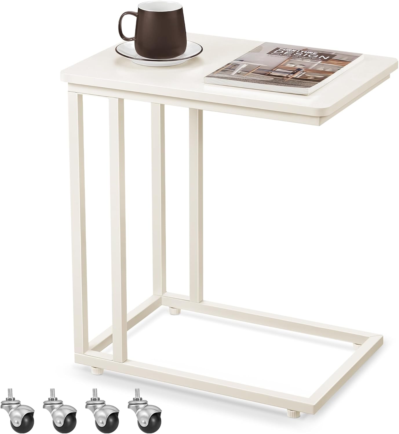 Mesa auxiliar VASAGLE, mesa de sofá con ruedas, forma de C, mesa de centro móvil, 35 x 50 x 60 cm, mesa de salón con estructura metálica, para café y ordenador portátil, moderna, color blanco crema LNT050W77