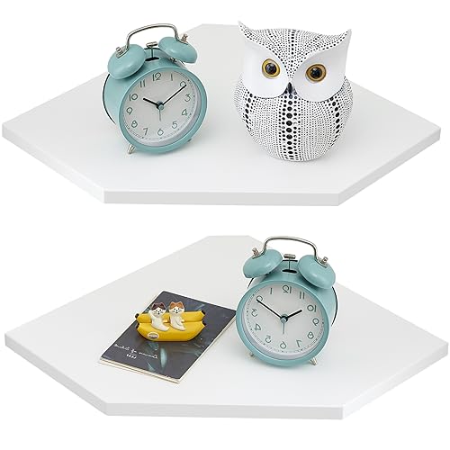 Gieanoo Estantería esquinera colgante, color blanco, juego de 2 unidades de madera maciza de roble, estantería de pared, estilo rústico, para dormitorio, salón, forma de diamante con agujero de