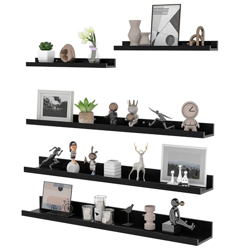 Estantería de pared de madera negra RLAVBL de 90 cm, 5 estantes flotantes, expositor multifuncional para salón, cocina, baño o estudio.