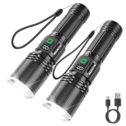 Linterna LED recargable de 20,000 lúmenes con chip LED de alto brillo. 5 modos: alto, medio, bajo, estroboscópico y SOS. Batería de 5000 mAh para hasta 20 horas de uso. Carcasa de aleación de aluminio