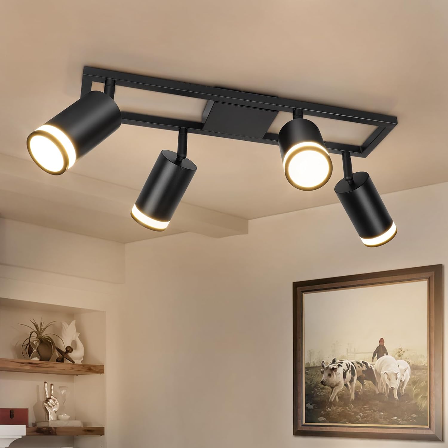 Foco de techo LED Dehobo, 4 luces, negro, GU10, lámpara/foco de techo giratorio 350°, ideal para cocina, dormitorio y sala de estar. Bombillas no incluidas.