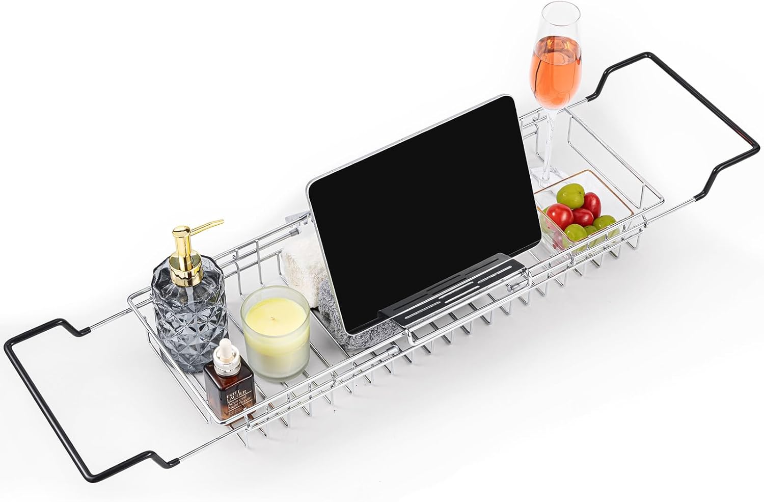 Bandeja para bañera TAILI de acero inoxidable, bandeja retráctil, soporte ajustable para iPad y libros, incluye portavasos, soporte para libros y copa de vino.