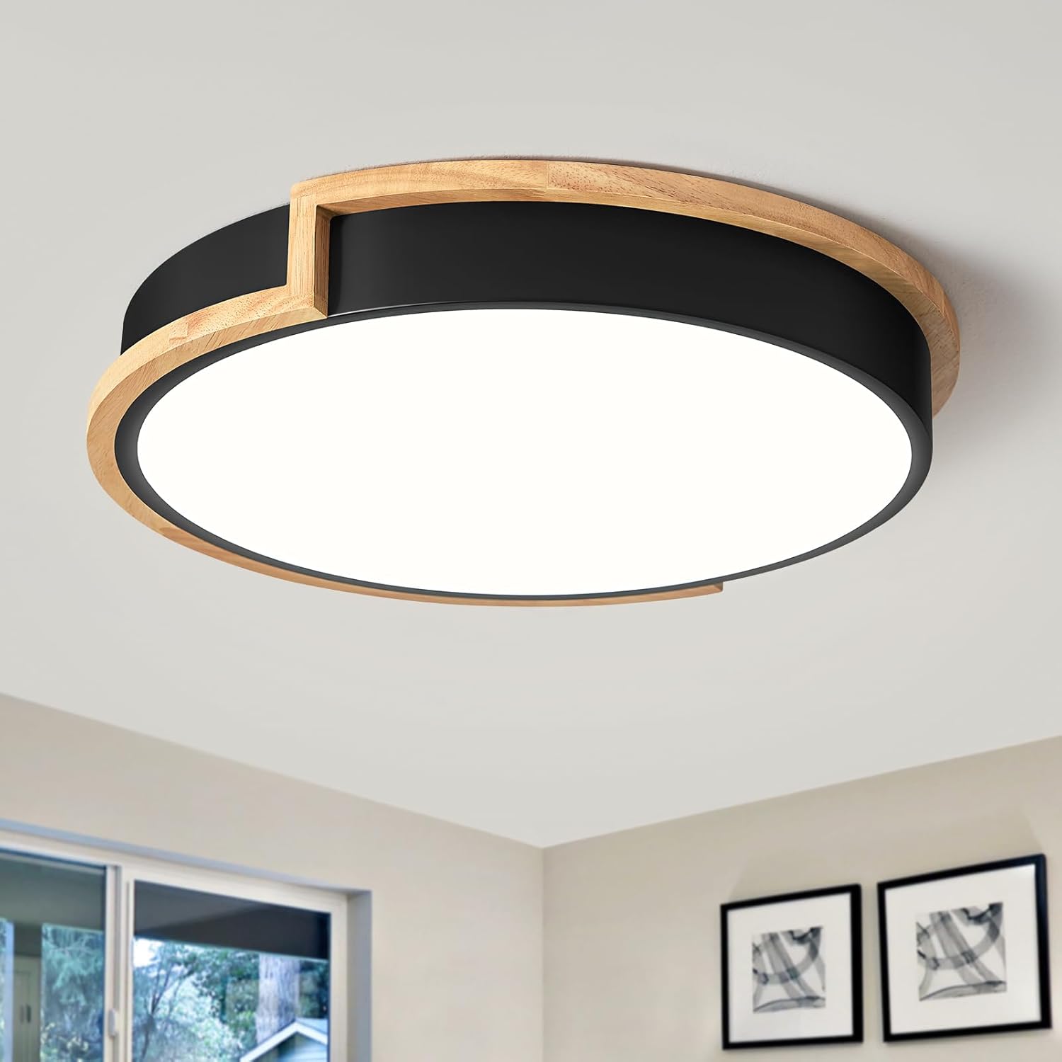 Lámpara de techo LED Vikaey, negra, 30 cm, 24 W, con madera, para dormitorio, salón, cocina, pasillo, comedor, 4000 K.
