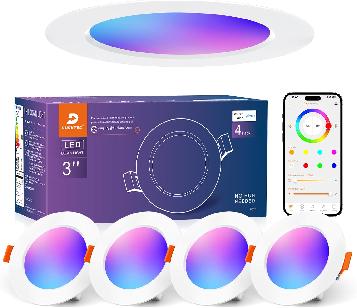 Focos LED empotrables inteligentes RGB DUSKTEC, 230 V, blanco cálido y frío, 2700 K-6000 K, regulables con la app de Alexa, 7 W, 68 mm, IP44, paquete de 4