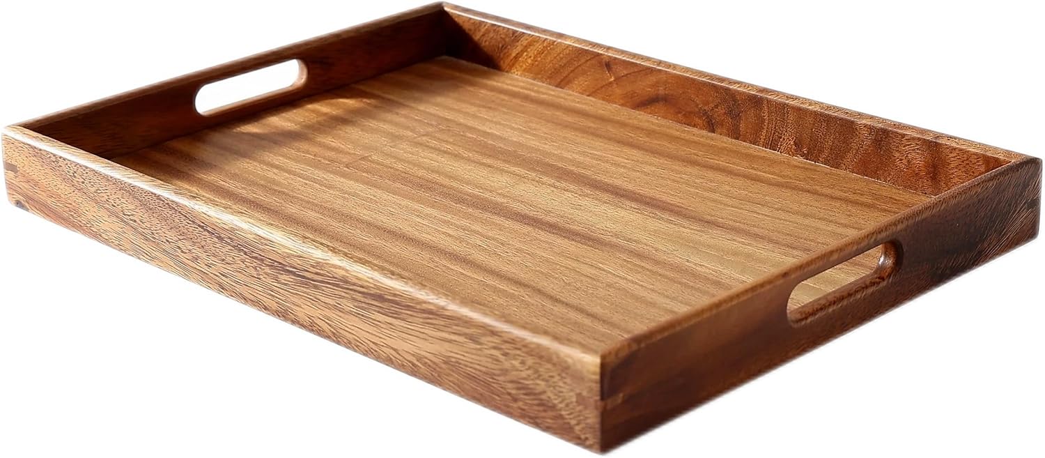 Bandeja de servir MOOKOMI de madera de nogal con asas, elegante bandeja para café y comida para el hogar, otomana o comedor (40 cm)