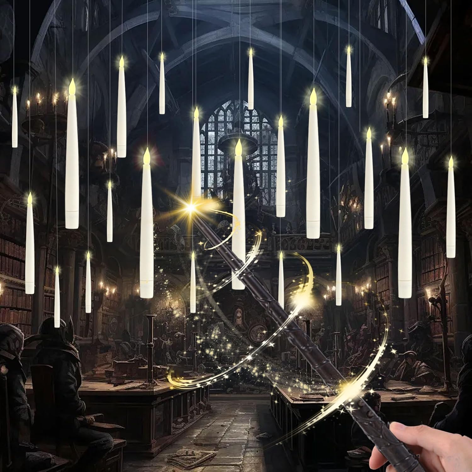 Velas flotantes MeYuxg con varita mágica, 20 piezas, velas voladoras, velas flotantes parpadeantes, velas LED cónicas, velas flotantes para decoración de Halloween, Navidad, bodas y fiestas.