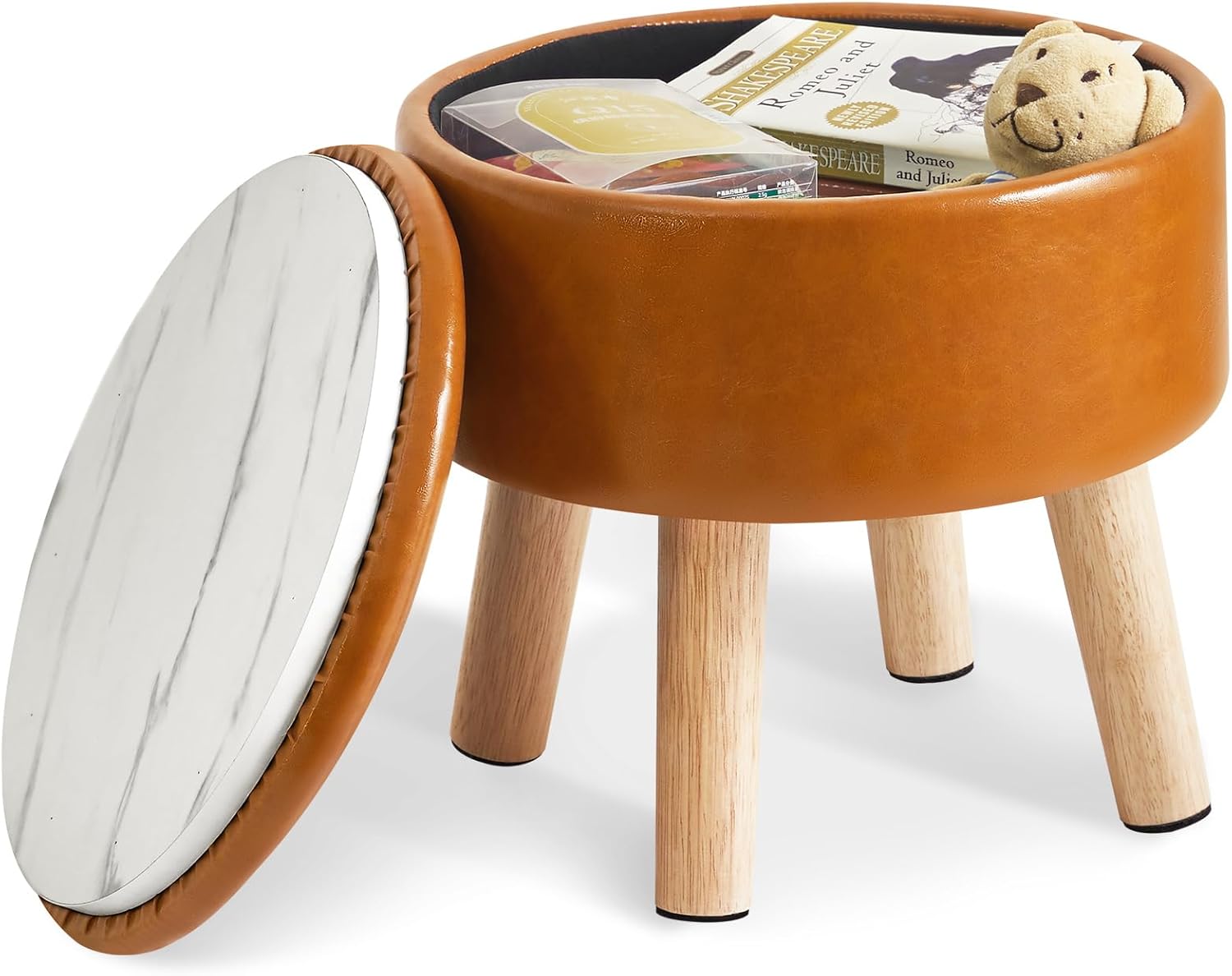 Puf pequeño IBUYKE de 33 cm con almacenamiento, asiento y tapa acolchados, ideal para la entrada, el sofá o la sala de estar. Color gris azulado (WBD006H).