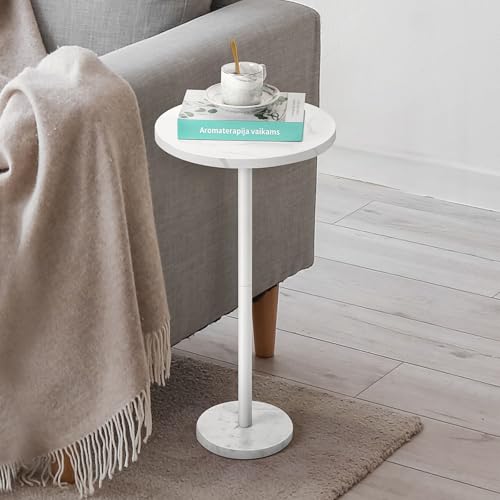 Mesa auxiliar redonda pequeña Smusei blanca con base de mármol - Mesa auxiliar para salón, dormitorio y espacios pequeños, 32 cm, blanca