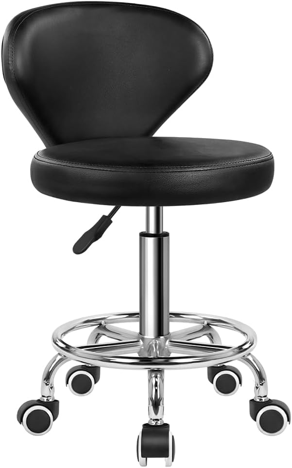 KKTONER - Taburete giratorio de piel sintética con respaldo bajo y reposapiés, altura ajustable, moderno, para oficina, spa, hogar, salón (negro)