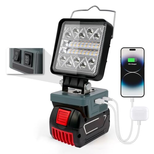 Lámpara LED de trabajo 7-16,5 W, 1500 lúmenes. Incluye puertos de carga USB y Type-C. Compatible con baterías Bosch 18V GBA. Diseño ligero con seguridad anti-bajo voltaje. Perfecta para diversas aplic