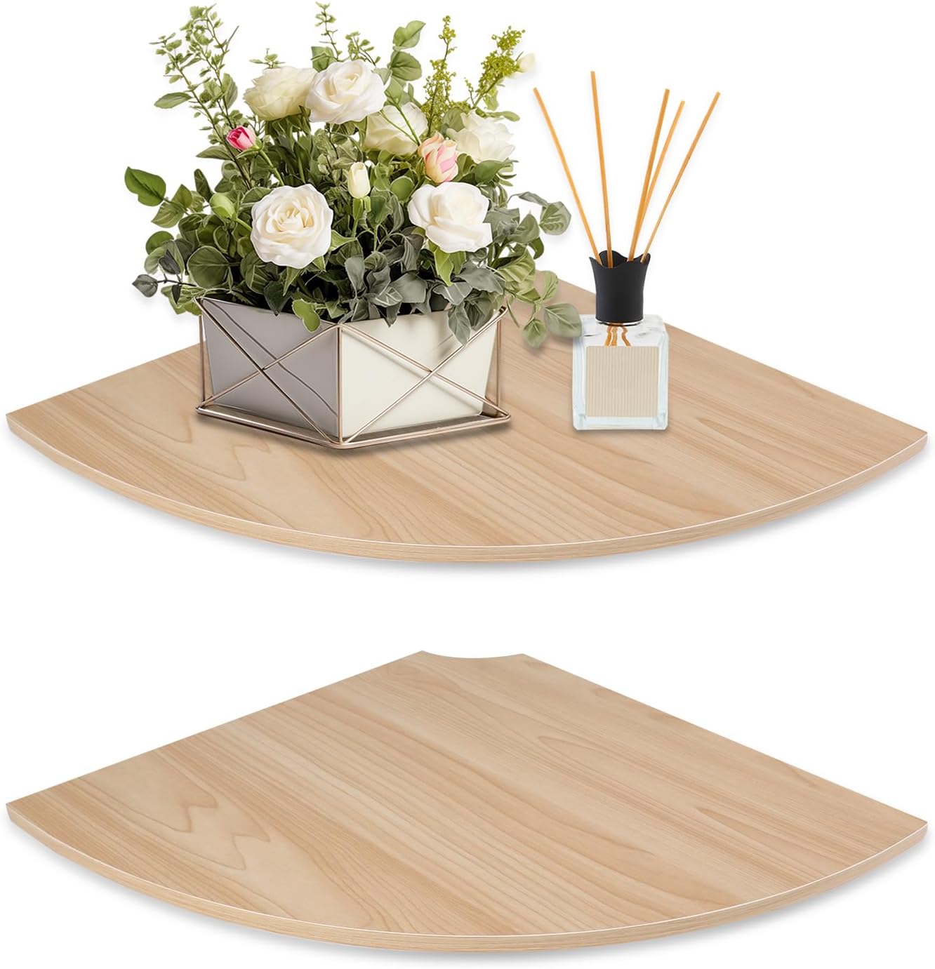 Estante esquinero JJL, 30 cm de profundidad, juego de 2 estantes esquineros en forma de abanico, estantes colgantes de madera con orificio para alambre, ideales para la decoración del dormitorio, color blanco claro.