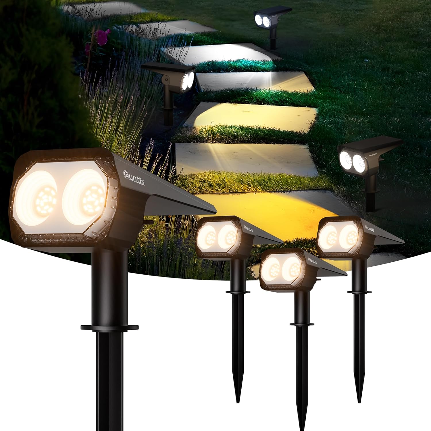 Quntis Luces Solares LED Exterior Jardin 4 Piezas, 3 Colores Focos LED Exterior Solares Potente Impermeable IP65, Luz Solar Iluminacion para Suelo,Patio,Caminos,Terraza,Césped