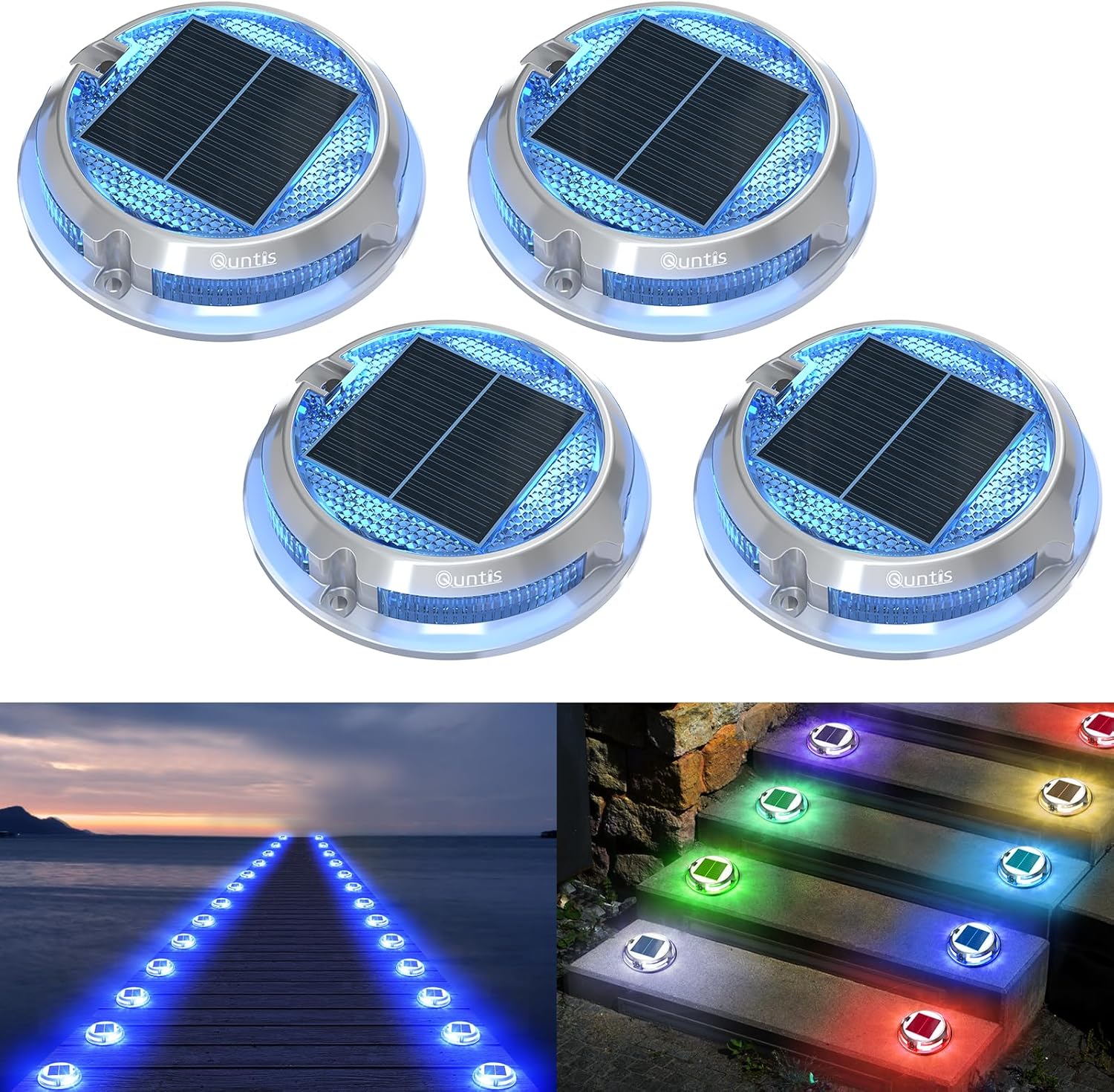 Luces solares de suelo Quntis para exteriores, paquete de 4, para terraza, blanco cálido, blanco frío, RGB multicolor, de aluminio, impermeables IP68, para jardín, escaleras, pasarelas, patios, caminos y balcones.