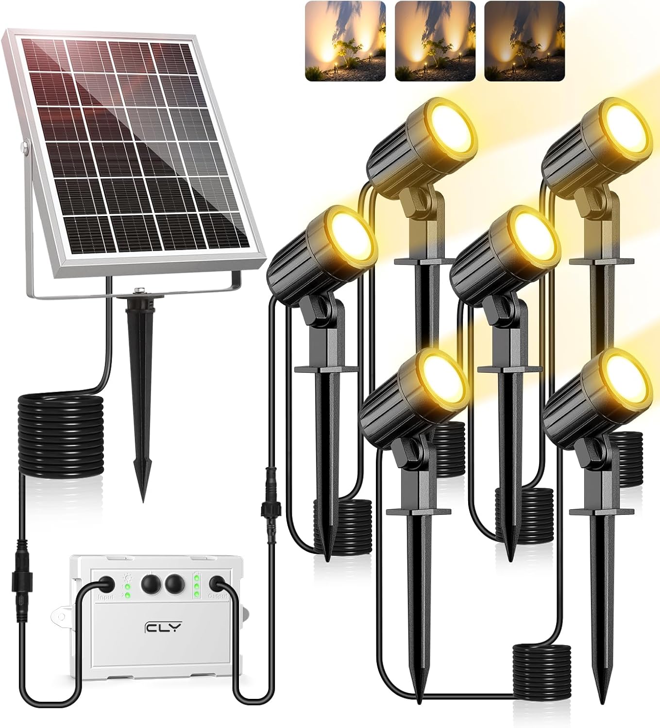 Luces solares para jardín CLY, paquete de 6, blanco cálido de 2700 K, 2 modos dinámicos, 3 niveles de brillo, iluminación solar con estaca, 6000 mAh, resistencia al agua IP66, focos solares para jardín, césped y patio.