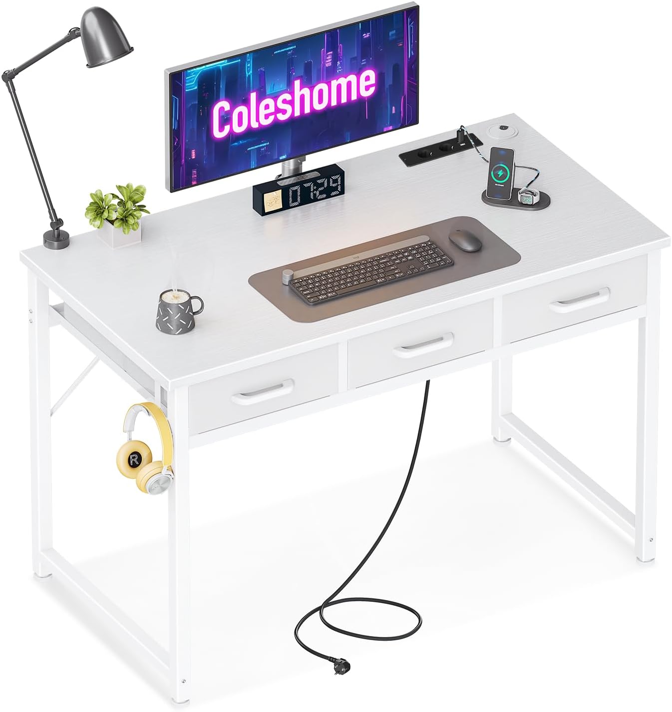 Coleshome Escritorio con Cajones, 120x48 cm Mesa Escritorio con Soporte para Auriculares, Escritorio Blanco con 2 Tomas de Corriente y 2 Puertos de Carga USB para el Hogar y la Oficina