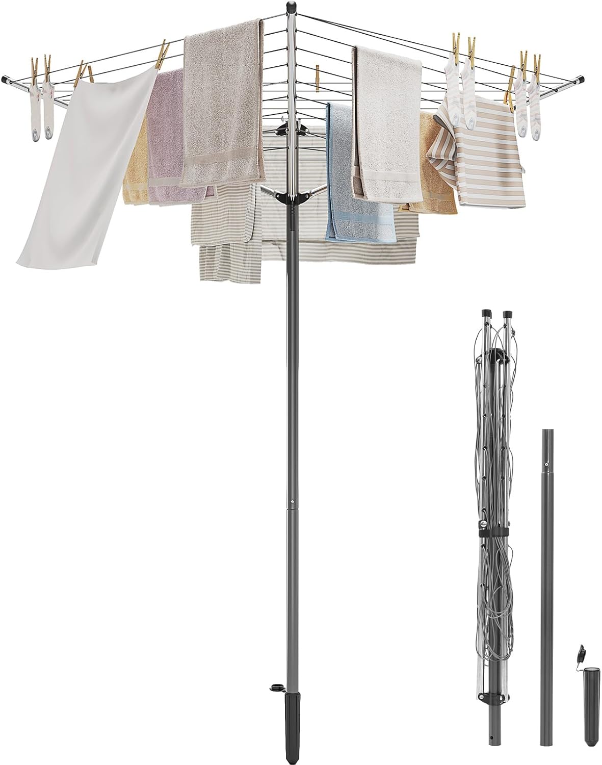 Tendedero giratorio exterior SYKIARIOL, tendedero XXL, funda para colgar la ropa en el suelo, altura ajustable, tendedero con 30 m de cuerda para 3 cargas de ropa.