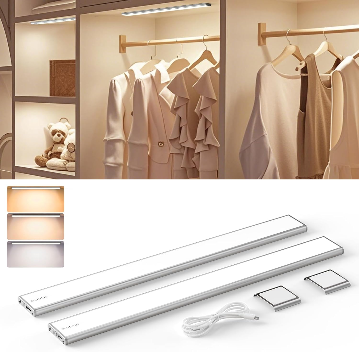 Iluminación inalámbrica Quntis de 40 cm con sensor de movimiento, juego de 2, 186 LED, 3 colores, luz para debajo de los muebles de cocina, tira regulable, batería de 2500 mAh, ideal para pasillos, baños y escaleras.