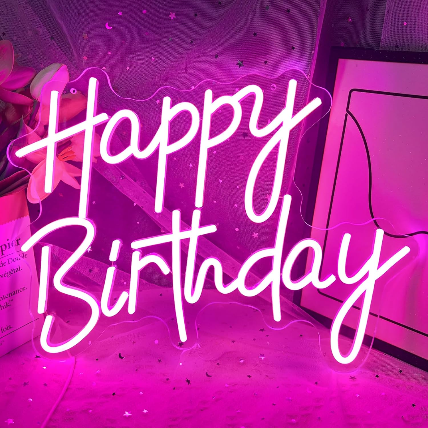 Letrero de neón de feliz cumpleaños, luz LED de neón, luz de fiesta regulable con alimentación por USB, luz de feliz cumpleaños reutilizable para decoración de pared, decoración de fiesta de cumpleaños, 40 x 33 cm (rosa)