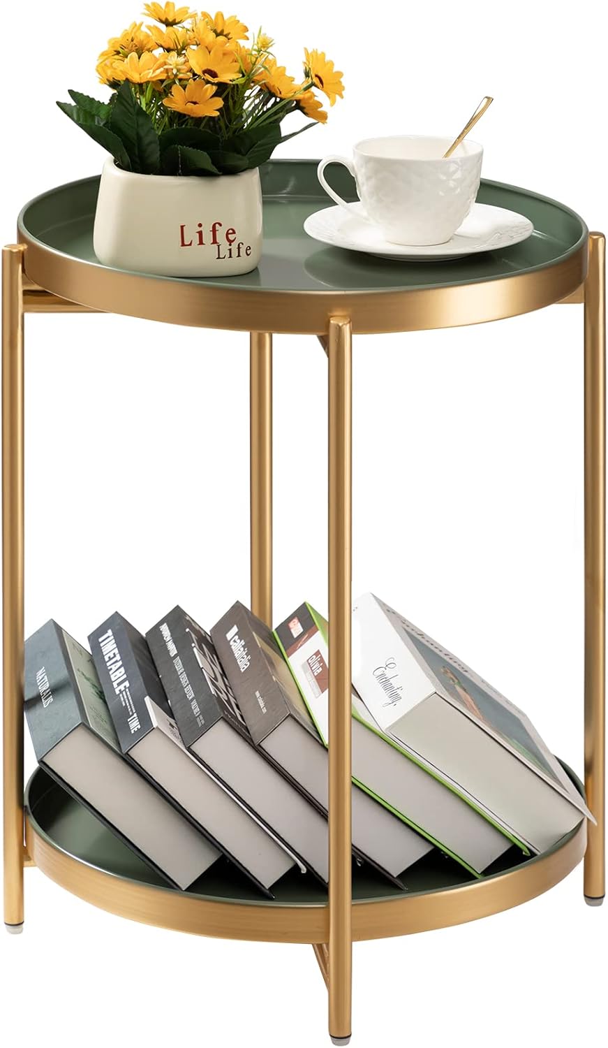 Mesa auxiliar danpinera, mesa auxiliar redonda de metal con bandeja extraíble, mesa plegable pequeña de exterior de 2 niveles, mesita de noche antioxidante para dormitorio, dorado + verde