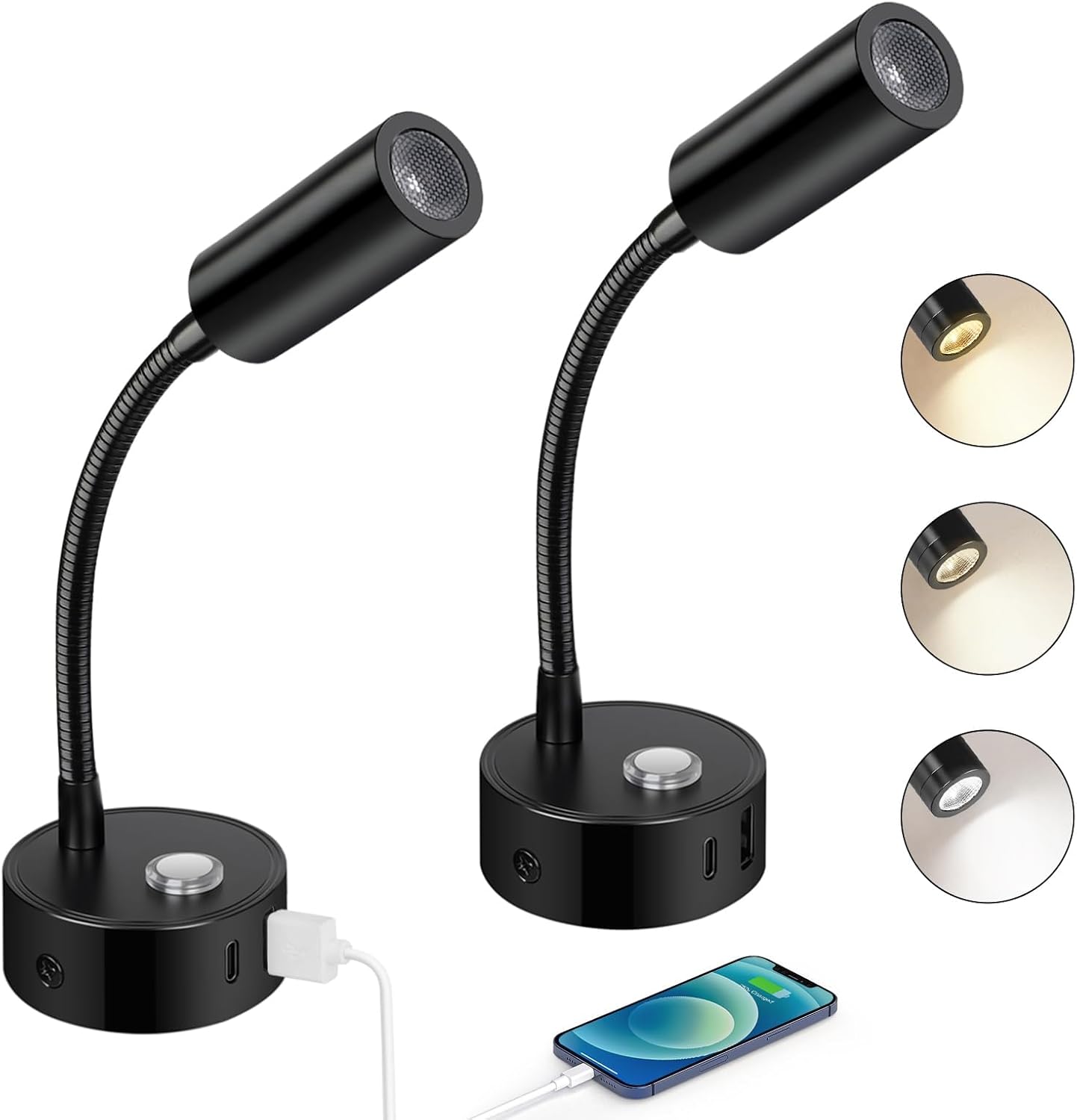 Lámpara de lectura LED ERWEY (paquete de 2) de 12 V para autocaravana, regulable táctilmente (3000 K-6000 K), brillo ajustable, lámpara de noche de cuello de cisne flexible de 360° con puertos USB A+C para iluminación interior de barcos y caravanas, color plateado